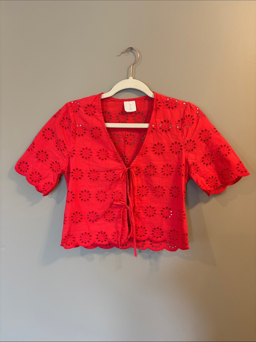 Coral Eyelet Tie-Front Top
